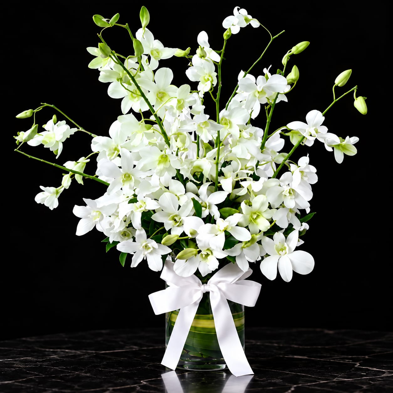 White Orchid Flower Bouquet in Glass Vase