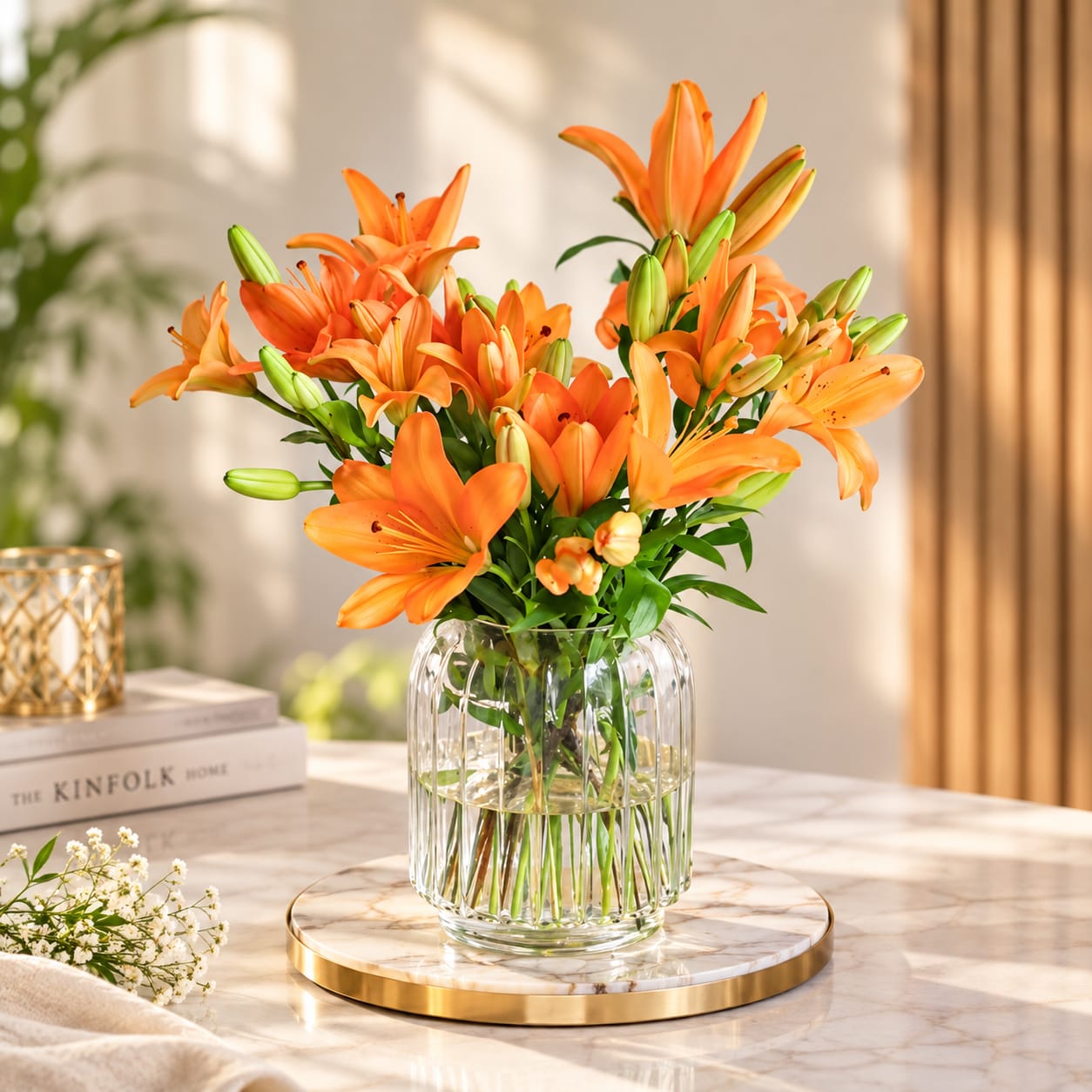 Orange Lily Flower Bouquet in Glass Vase