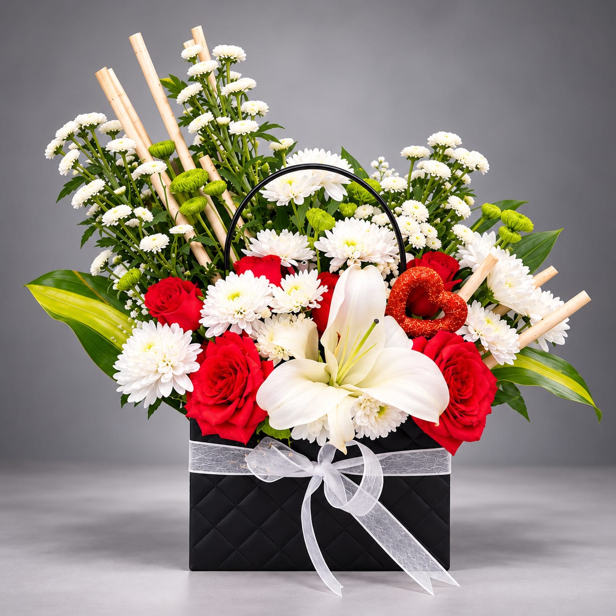 Red Rose, White Lily & Chrysanthemum Floral Box Arrangement