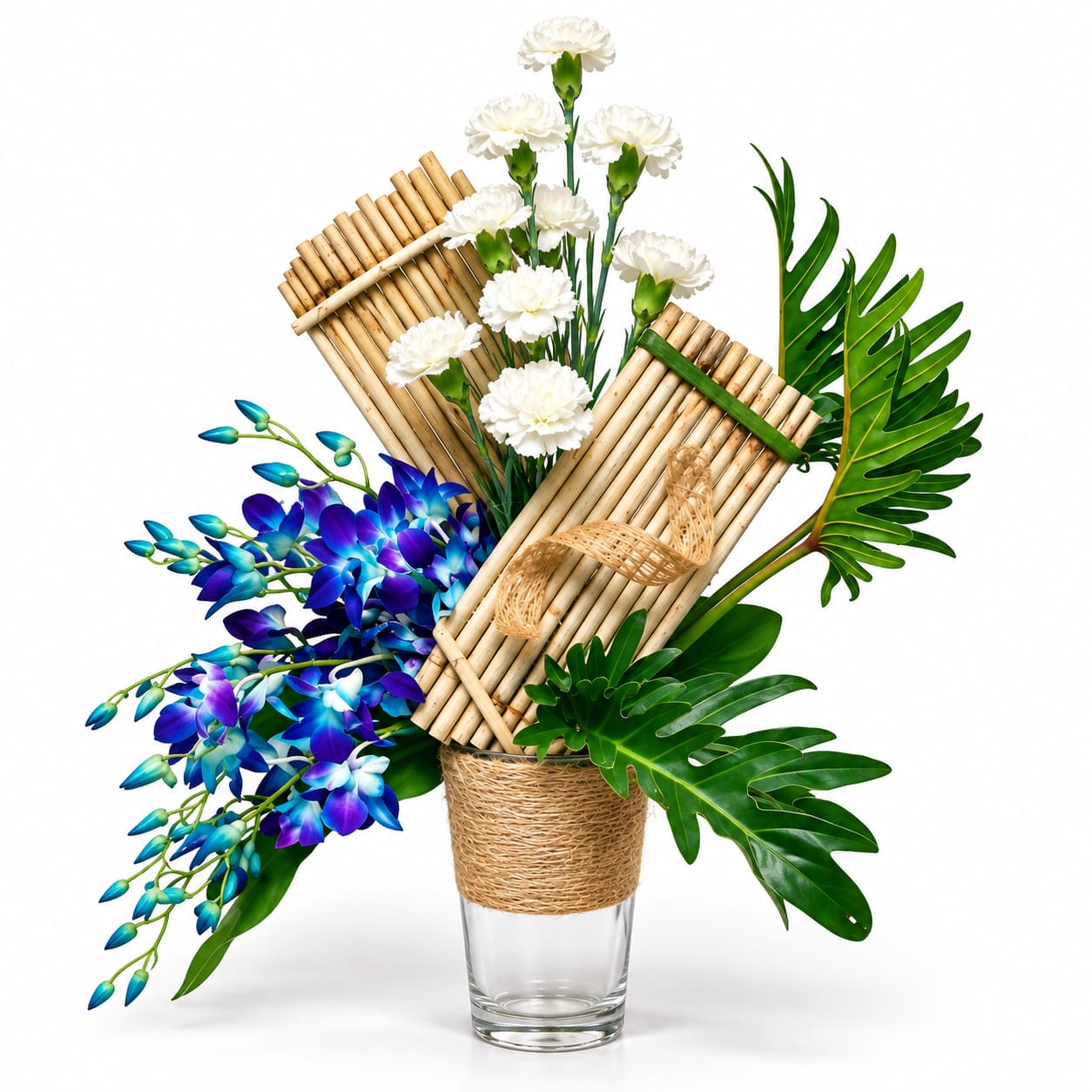 White Carnation & Blue Orchid Bamboo Floral Arrangement