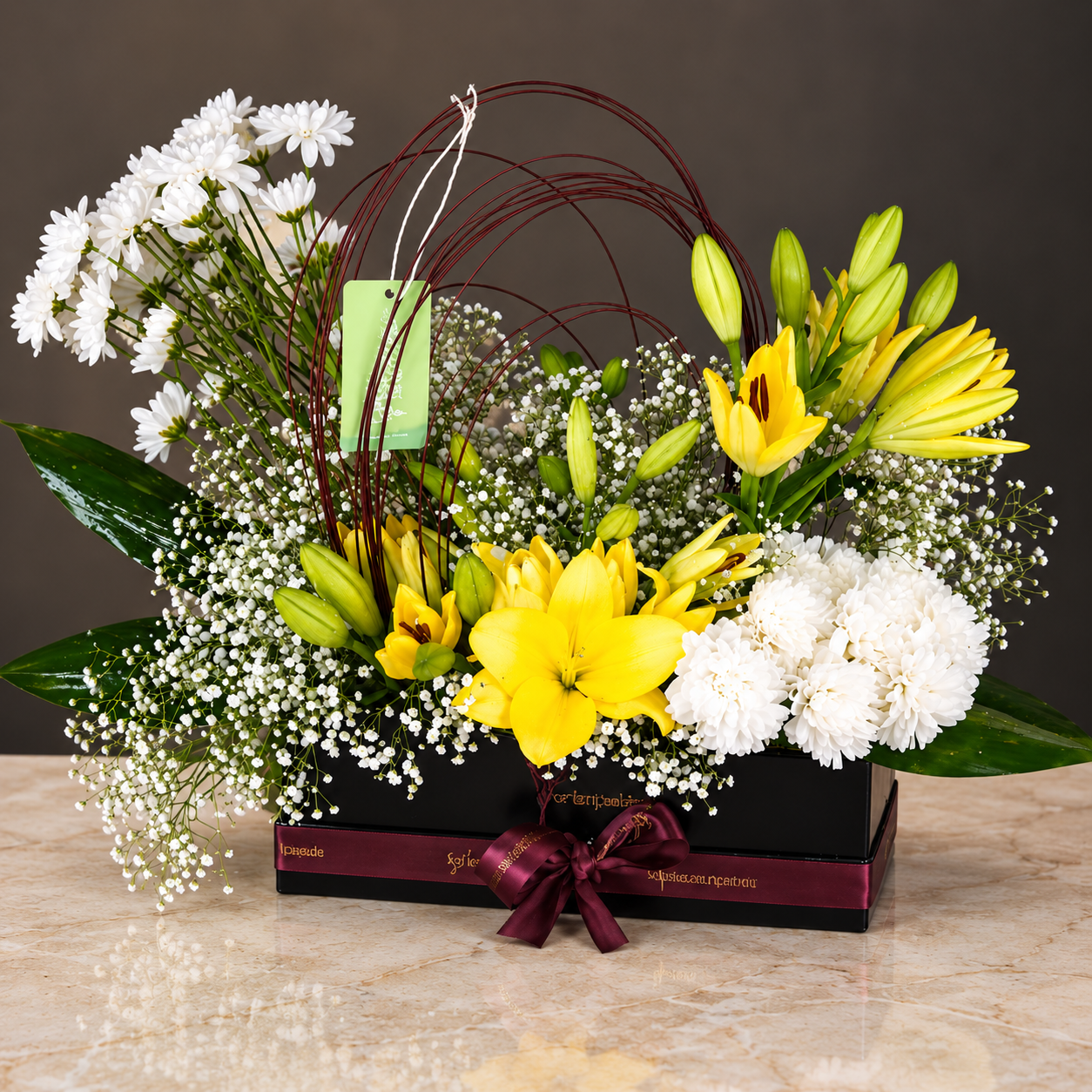 Yellow Lily & White Chrysanthemum Flower Box