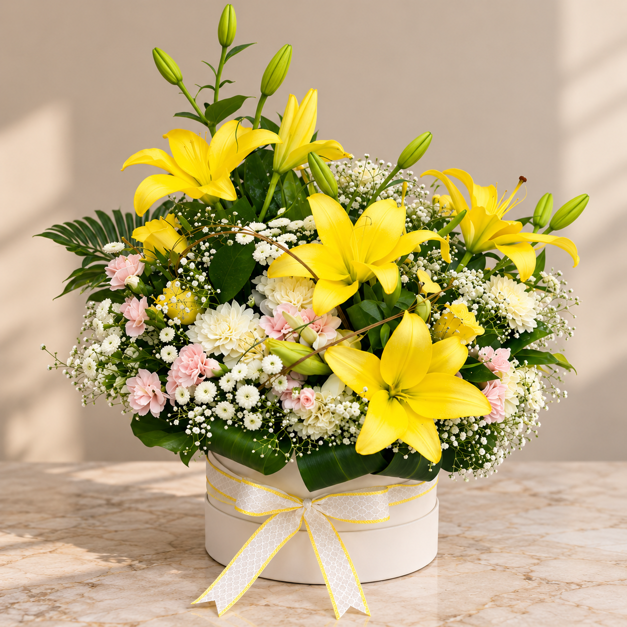 Luxury white hatbox with a decorative yellow-edged