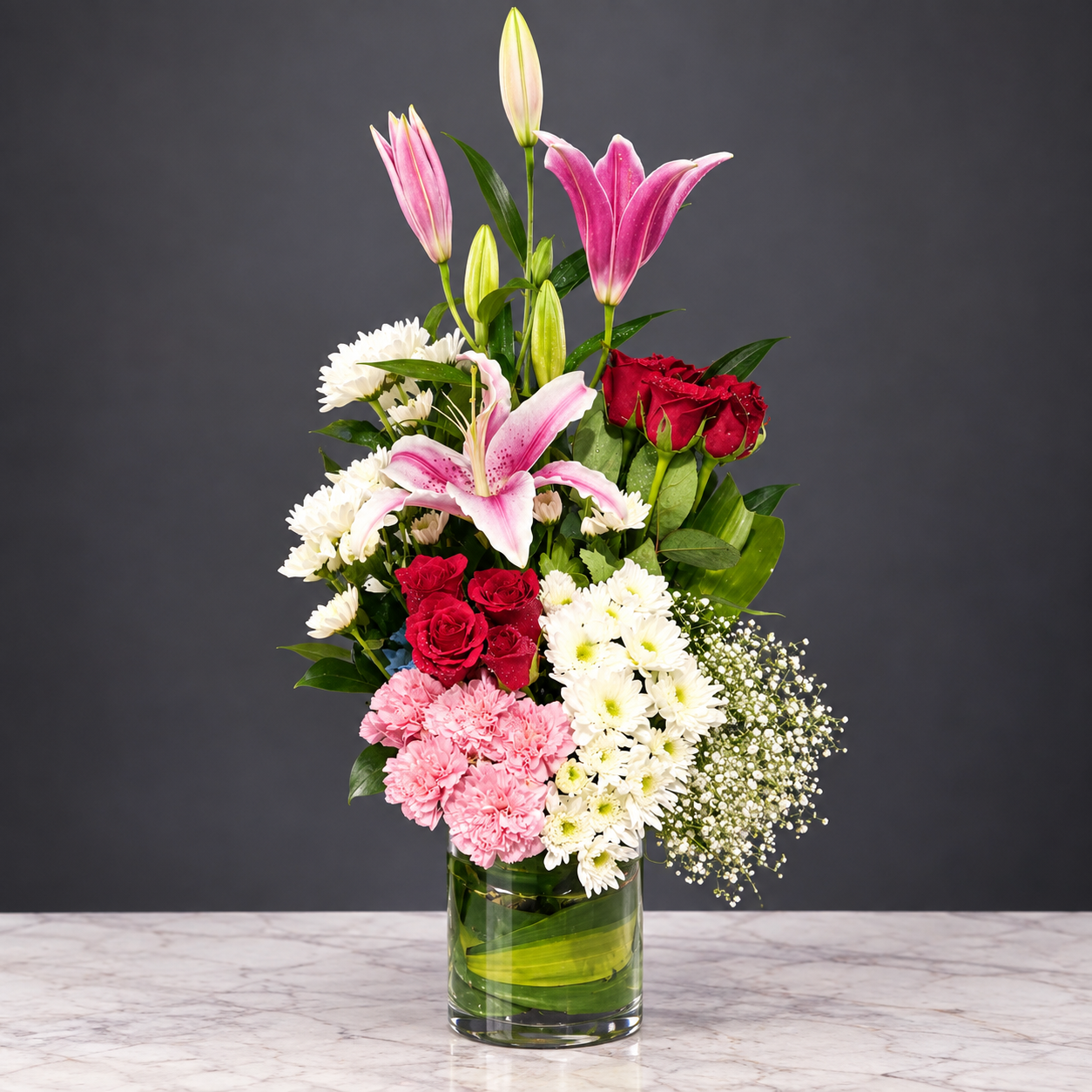 Pink Lily and Red Rose Flower Arrangement in Glass Vase