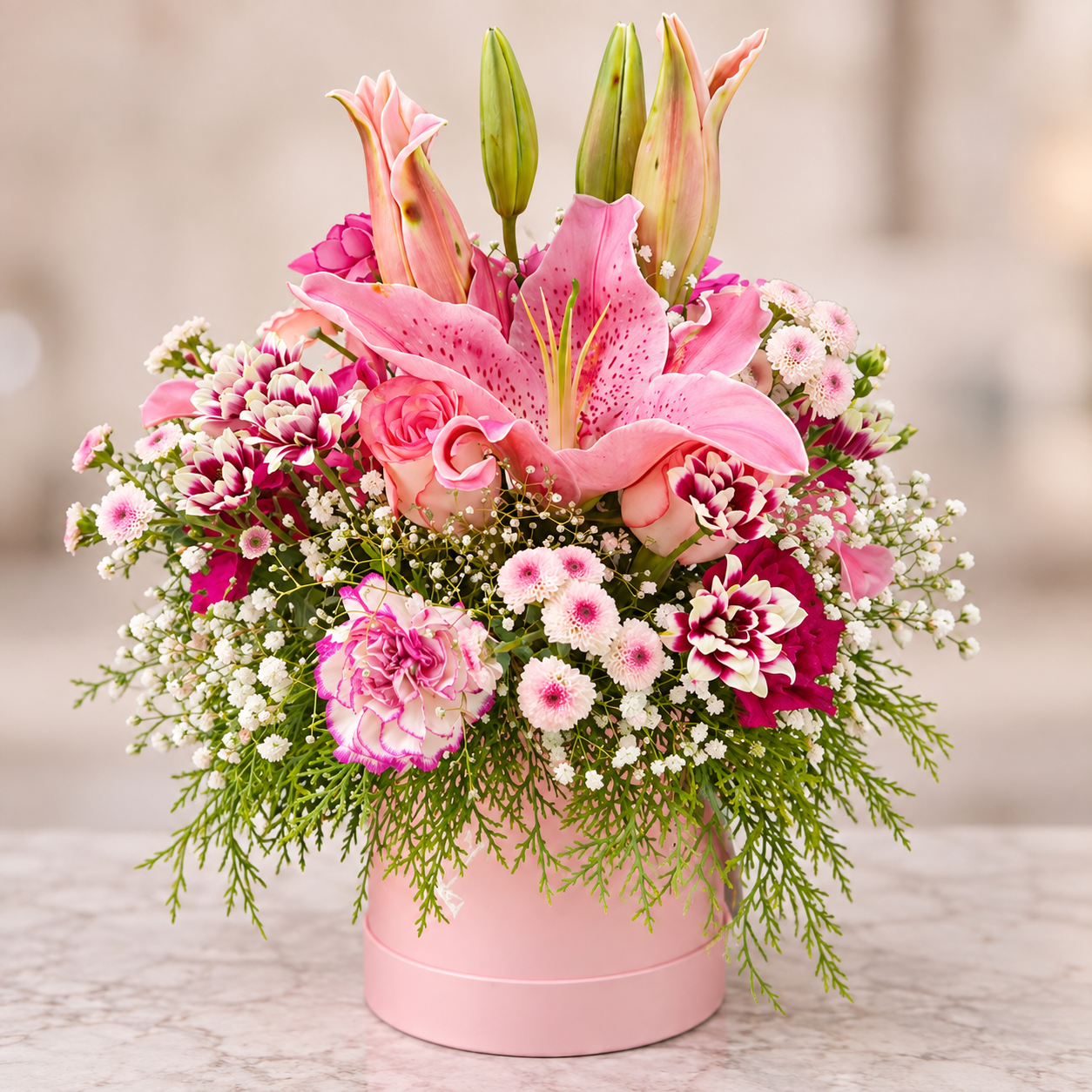 Pink Lily and Rose Flower Arrangement in Pink Hatbox