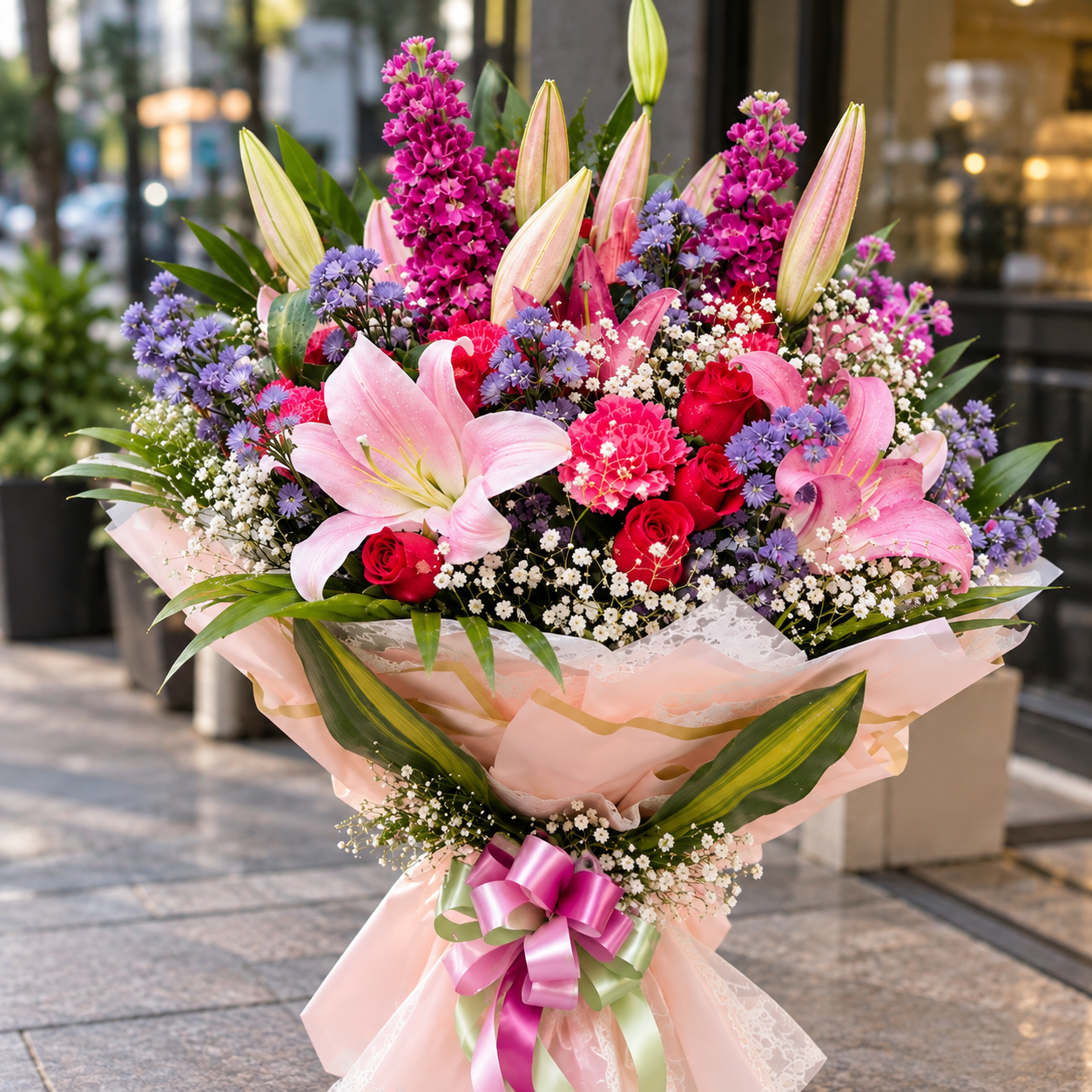 Pink Lily and Red Rose Mixed Flower Bouquet