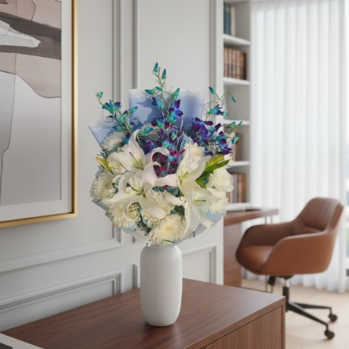 Lily And Orchid Bouquet in White glass vas