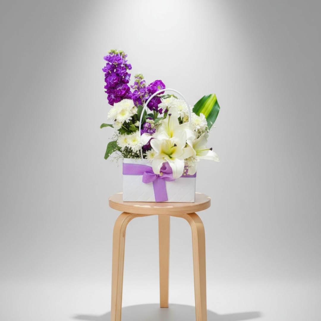 Elegant White and Purple Floral Box Arrangement |