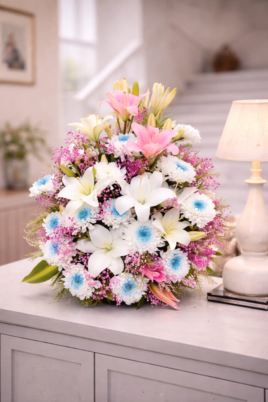 Lilies, Chrysanthemums, & Baby's Breath Arragment