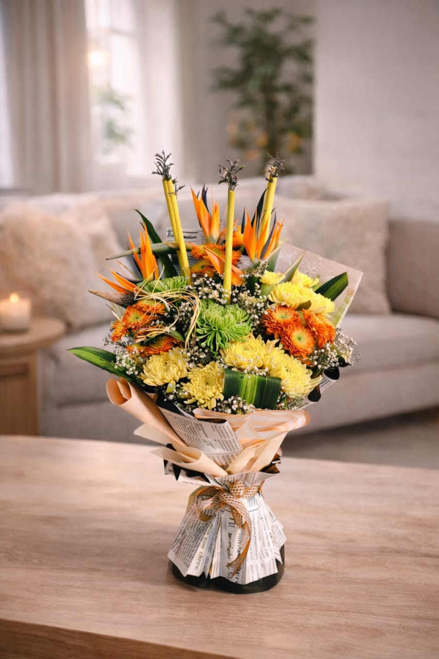 Bird of Paradise & Golden Mums & Chrysanthemums: