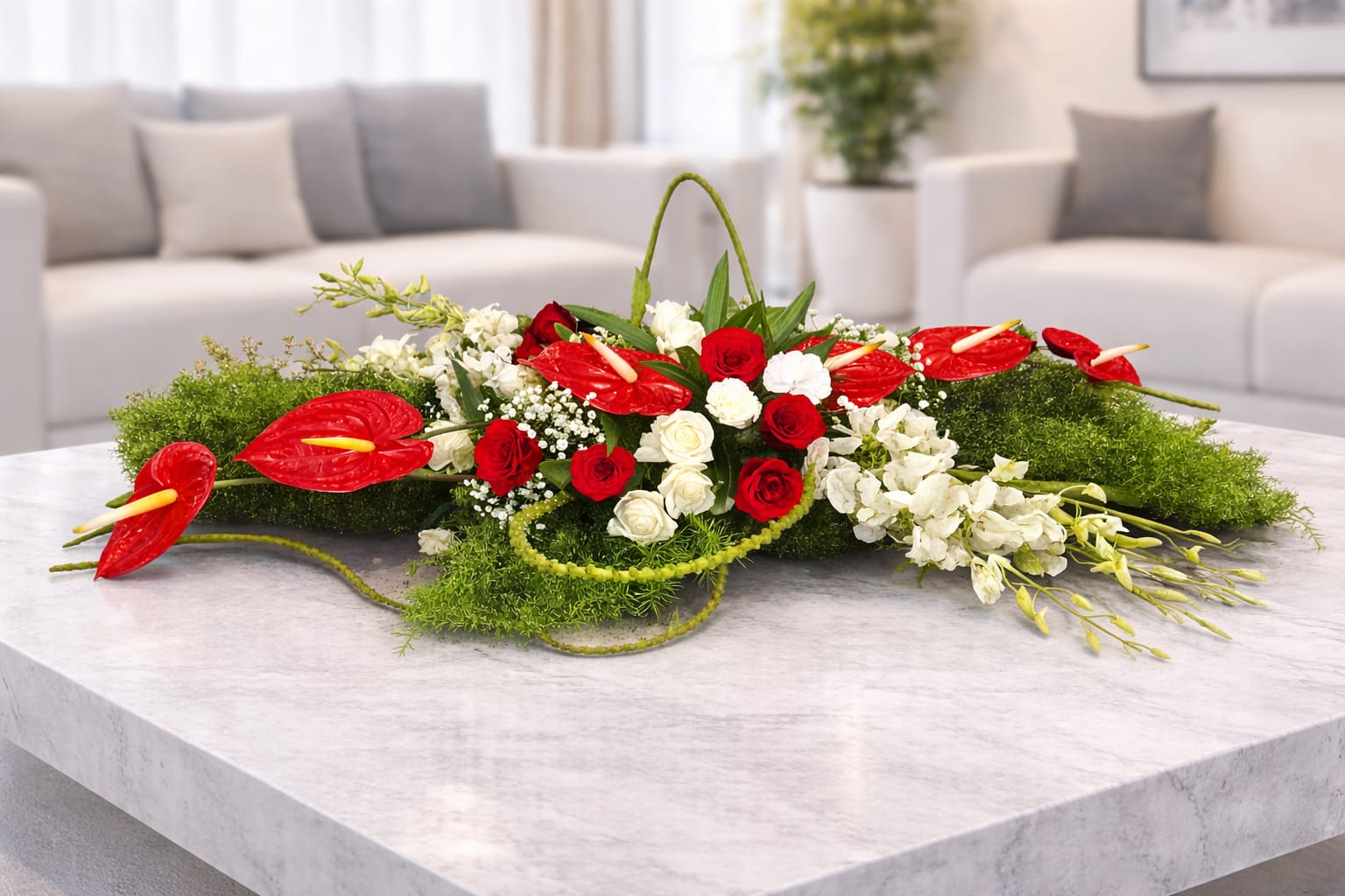 Luxury Crimson & Cream Floral Centerpiece – Modern Red Anthurium and Rose Arrangement