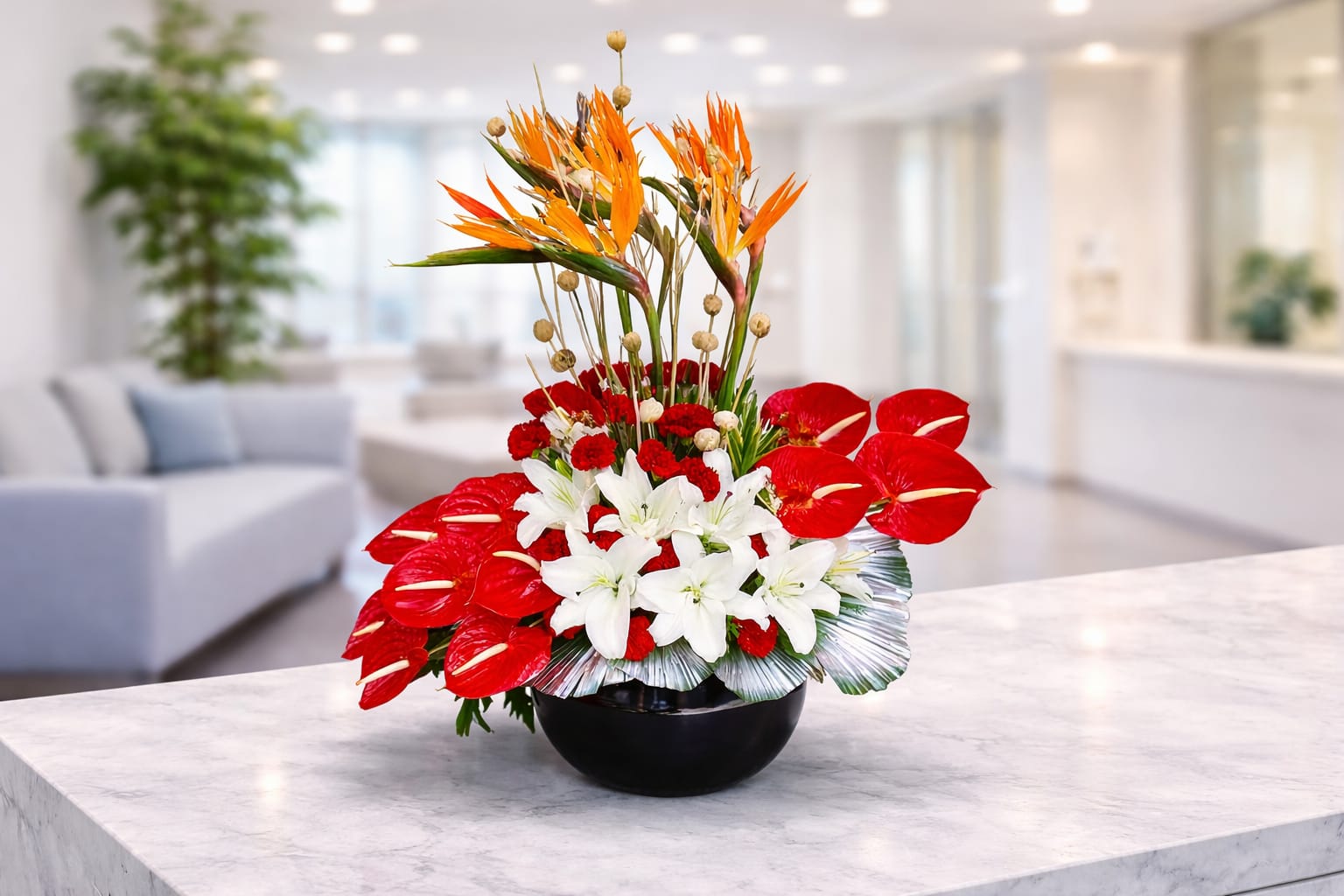 Bird of Paradise,Red Anthuriums,White Lilies,Red Carnations,vertical architectural style Arrangement