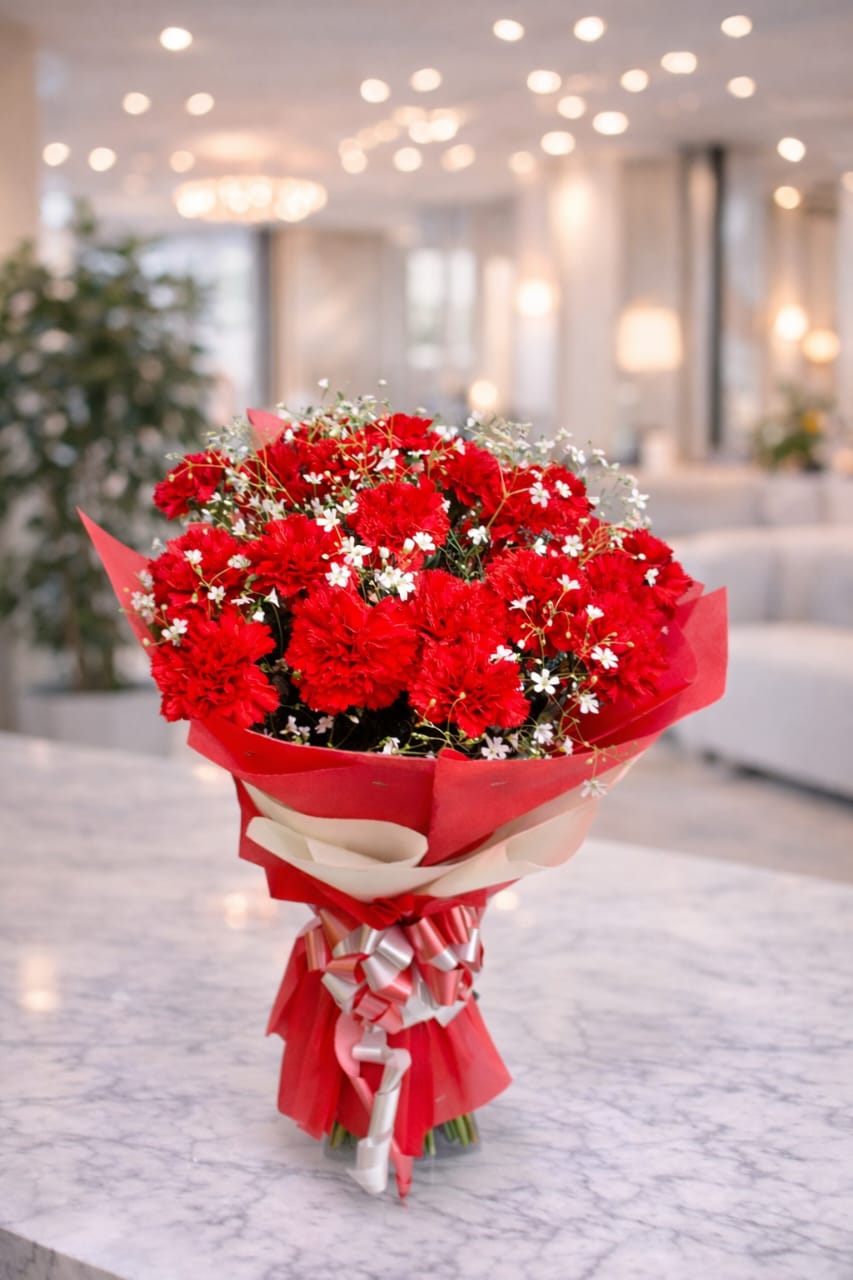 Elegant Red Carnation & Baby's Breath Bouquet