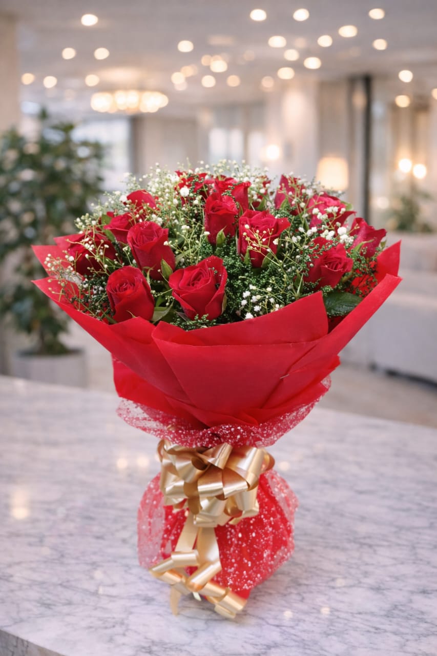 Classic Red Rose and Gypsophila Bouquet".