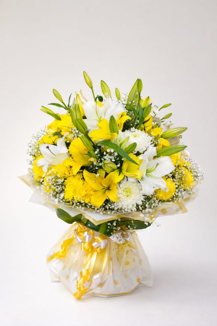 White Lily & Yellow Daisy Bouquet".