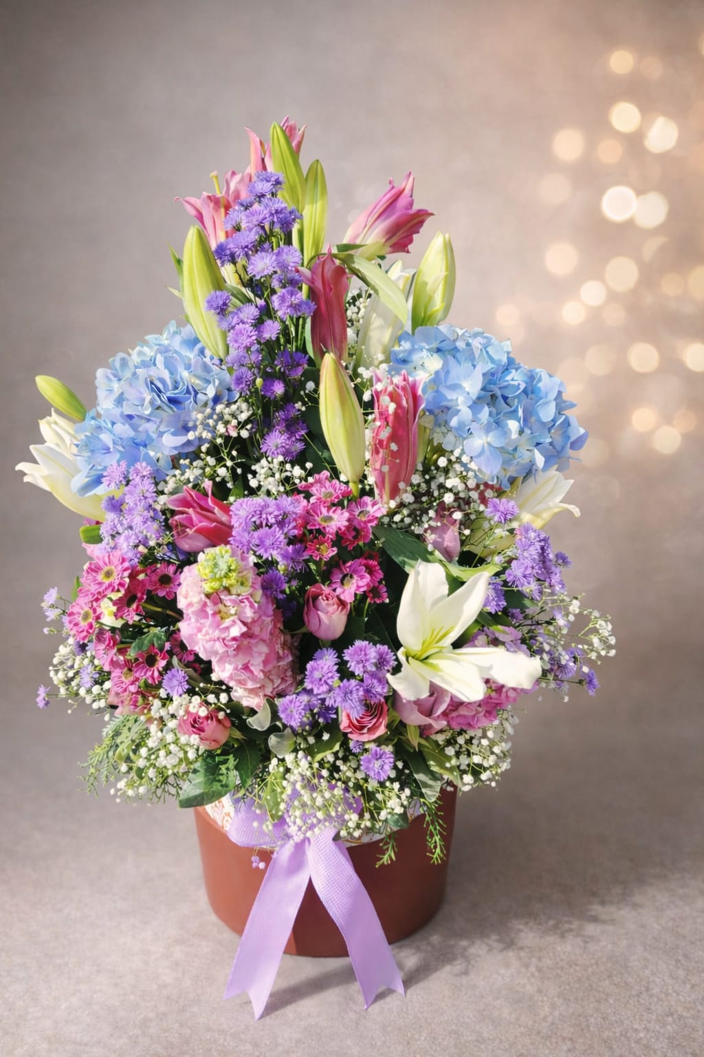 This is a large, Vibrant Floral Arrangement Featuring a Mix Of Blue Hydrangeas, Pink And White Lilies, Purple Statice, and Other Filler Flowers, presented In a Brown Pot with a lavender ribbon.