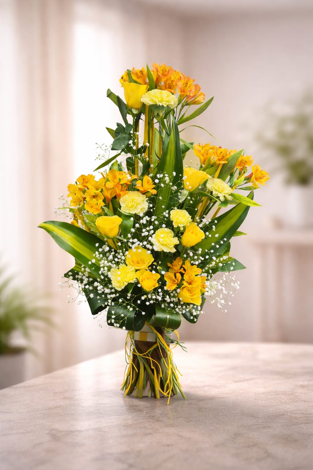 This is a "Sunshine Delight" vase arrangement, featuring yellow roses, alstroemeria, and lilies.