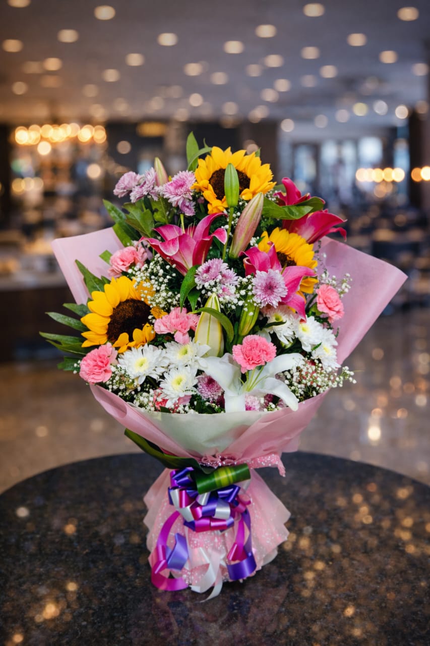 Vibrant Mixed Floral Bouquet with Sunflowers, Lilies, and Pink Carnations – Fresh Flower Arrangement