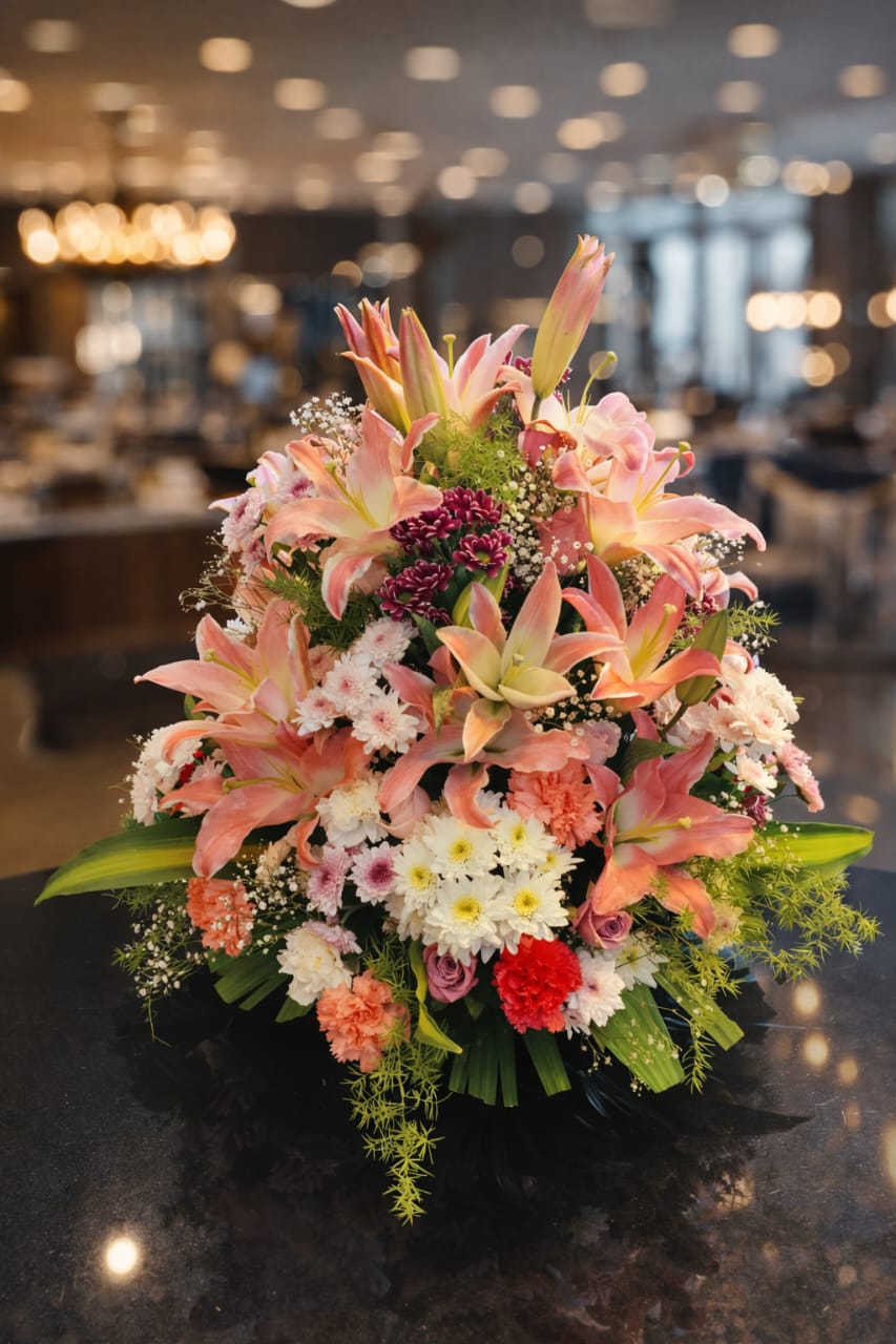 This is a beautifully arranged, vibrant floral bouquet featuring a mix of flowers.