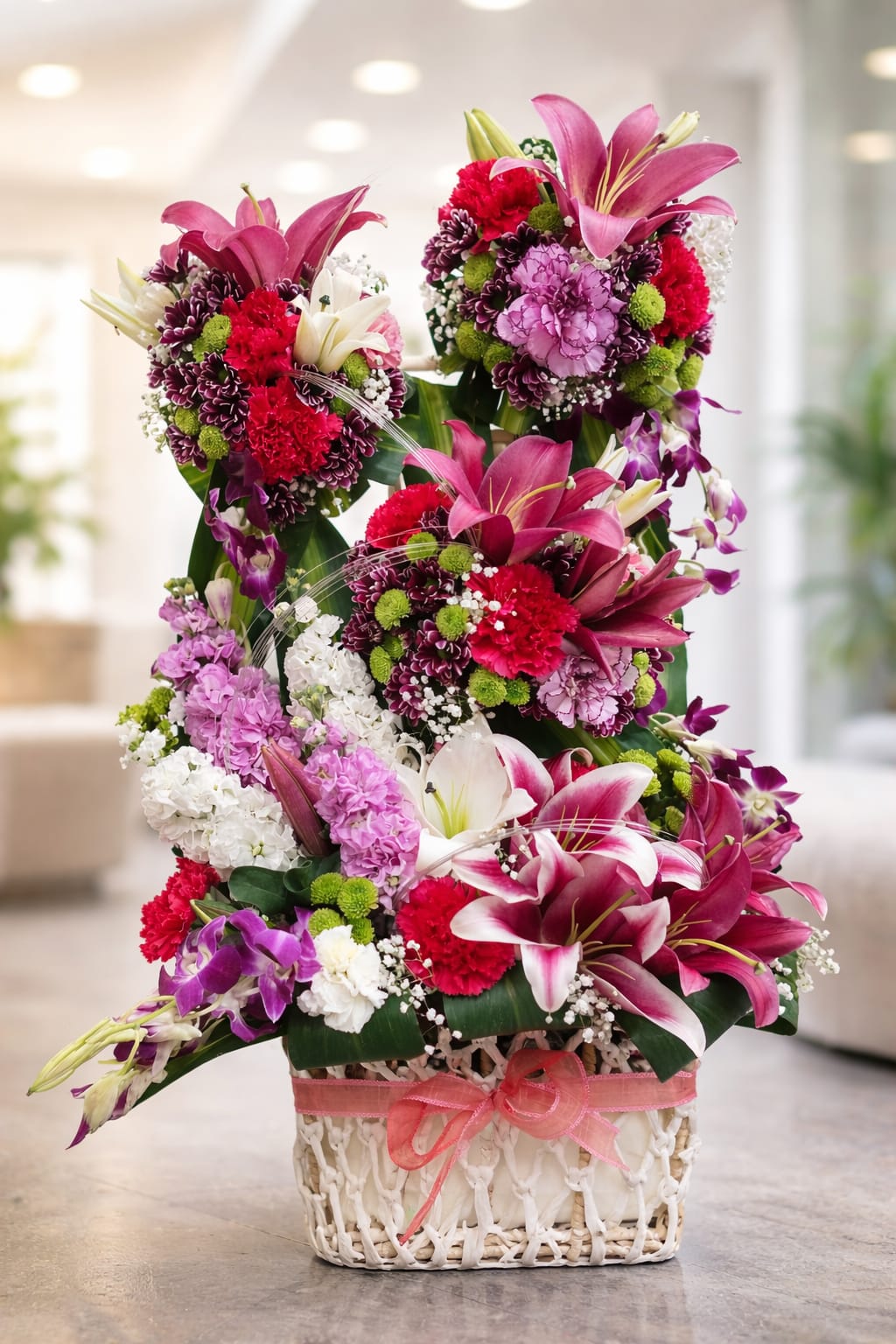 This is a premium, fresh-cut flower arrangement presented in a woven basket.