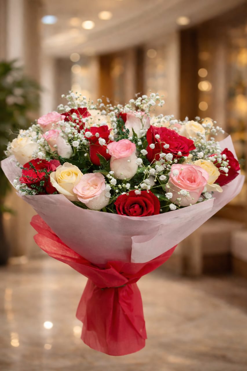 Mixed Rose & Baby's Breath Bouquet.