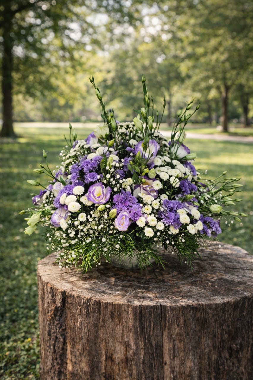 Mixed Purple and White Seasonal Mounded Arrangement."