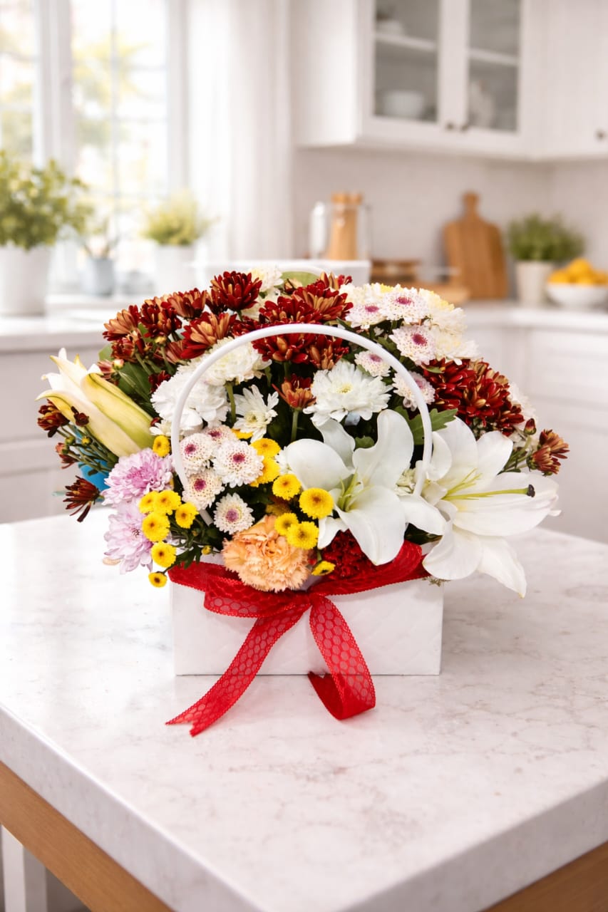 White Lilies, Chrysanthemums Bag Arragment