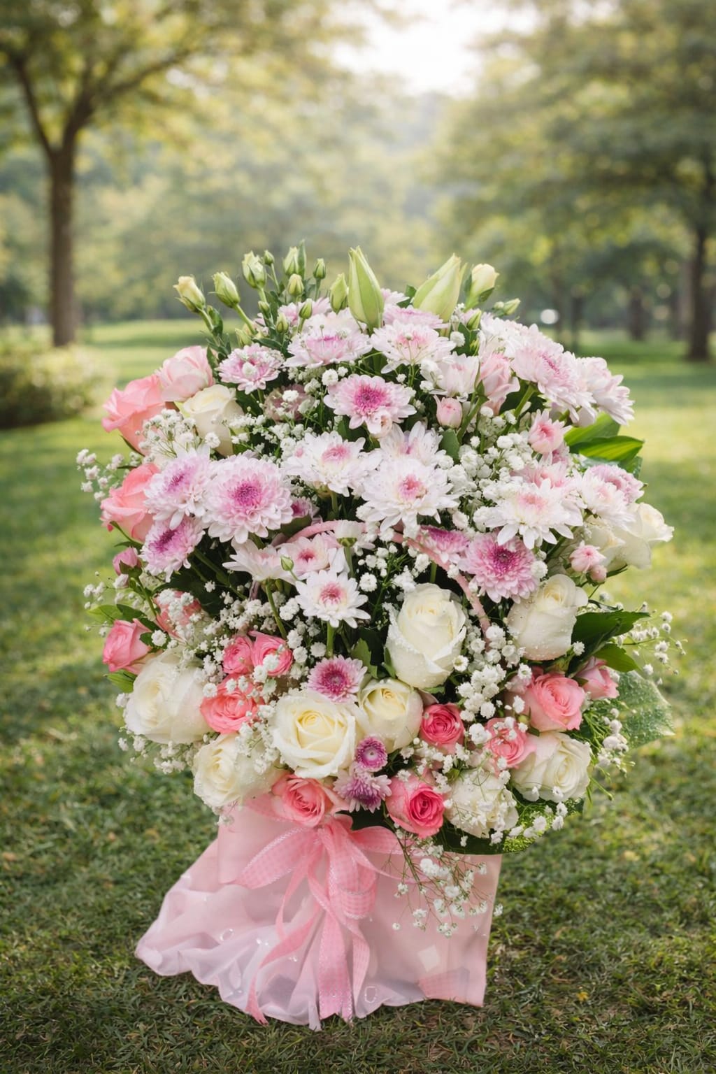 Blush pink, creamy white, and soft lavender.