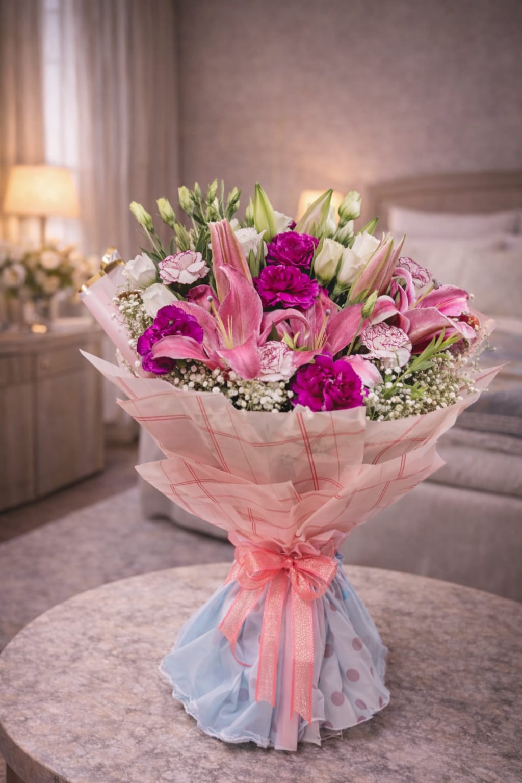 Purple/Magenta Carnations,Pink Oriental Lilies,White Lisianthus/Roses,Baby's Breath Bouquet
