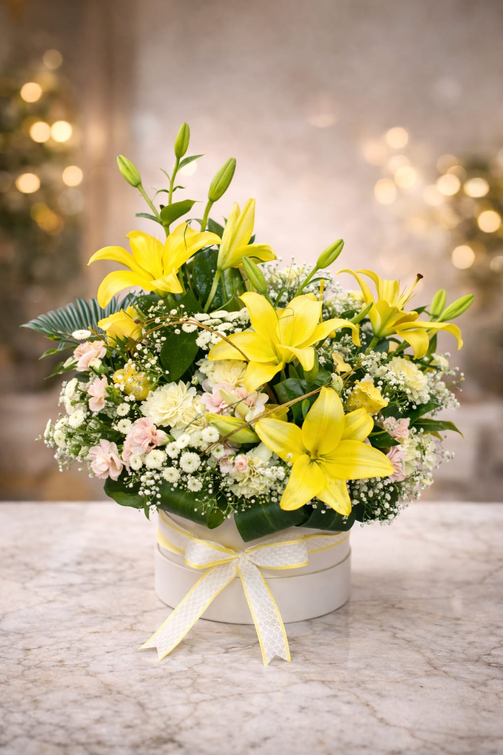 Luxury white hatbox with a decorative yellow-edged bow.