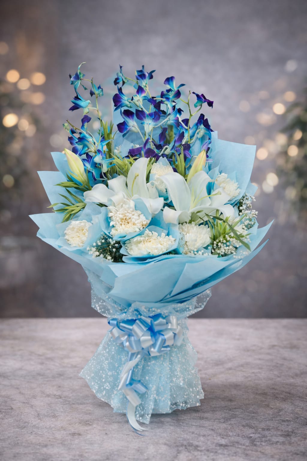 Vibrant Blue Dendrobium Orchids And Lilys Bouquet