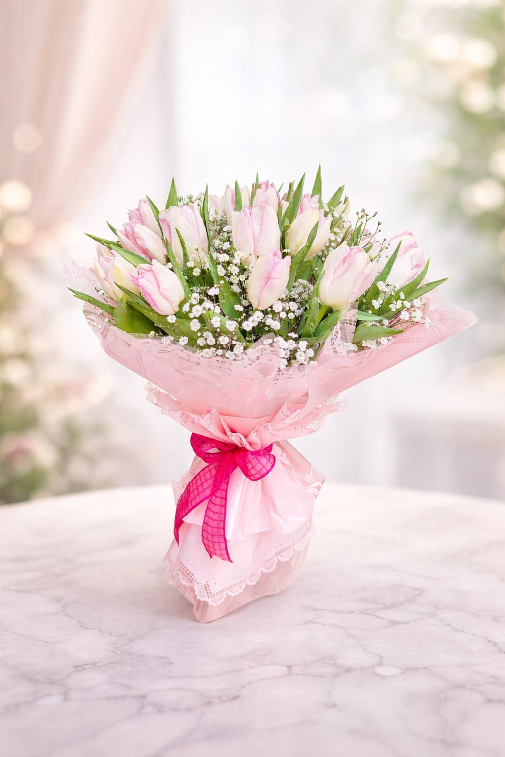 Pink Tulip Bouquet includes Benglore Zepce