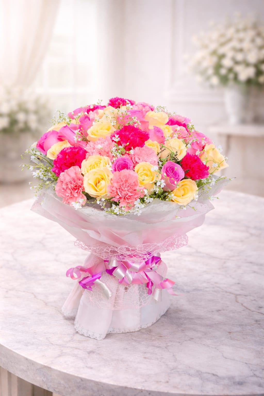 Mixed Rose and Carnation Round Bouquet.