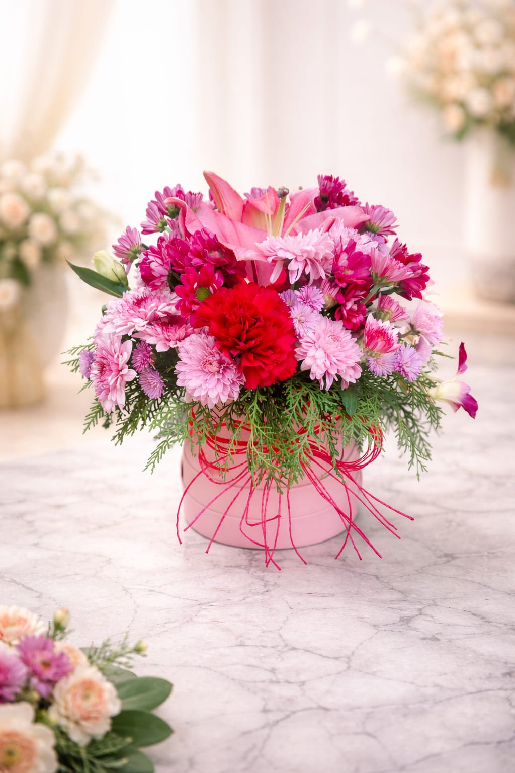Magenta, Blush Pink, and Ruby Red box Arrangment