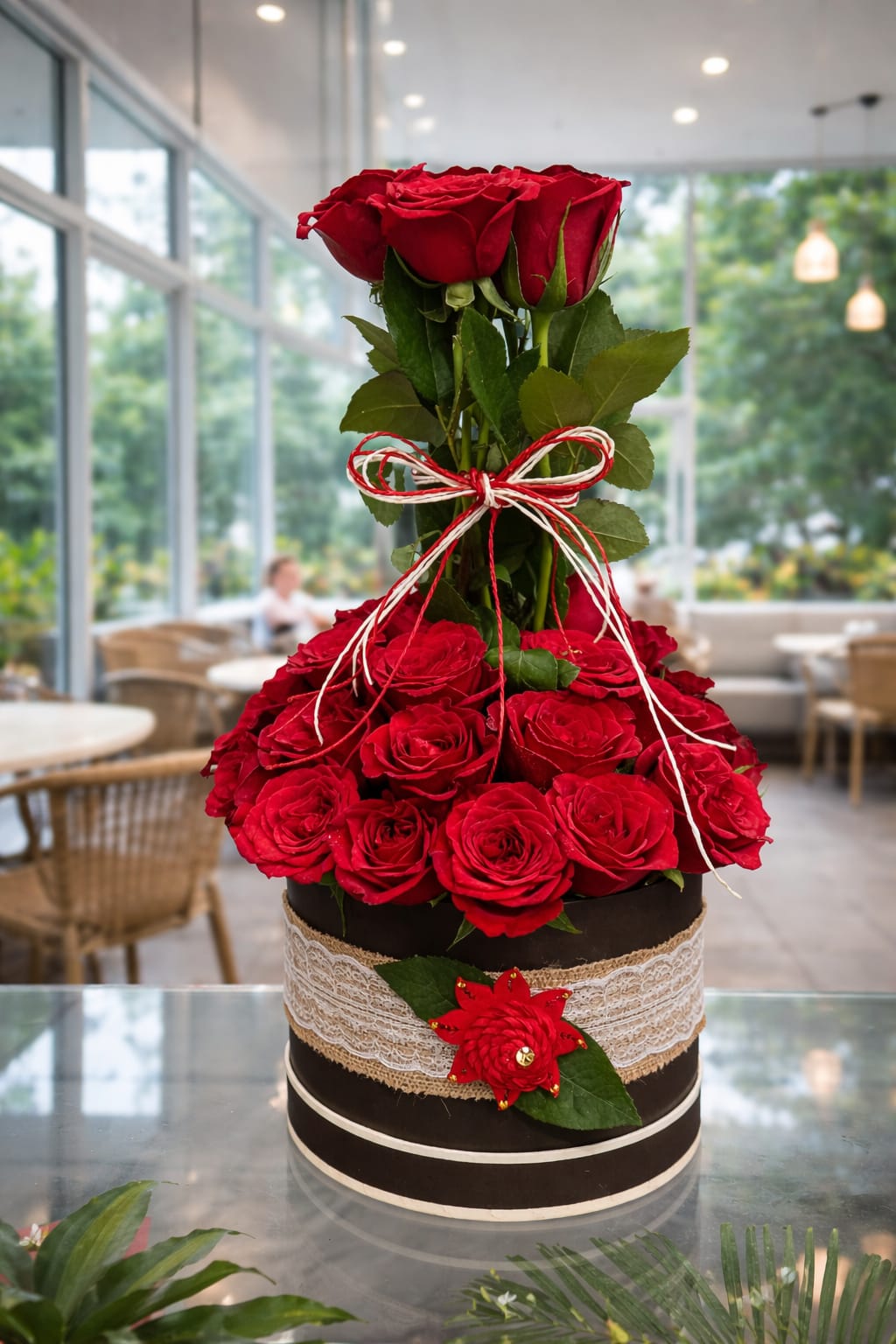 Rustic Red Rose Gift Box with Lace Detail – Two-Tiered Handcrafted Luxury Flower Box