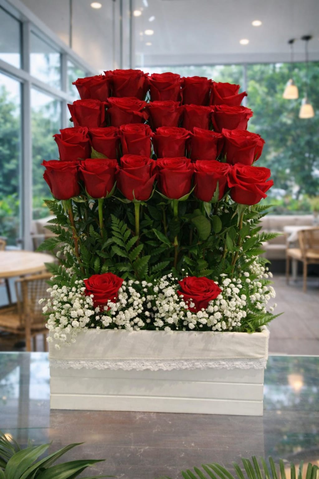 Luxury 24 Red Rose Tower Arrangement in White Lace Wooden Crate – Premium Long Stem Roses