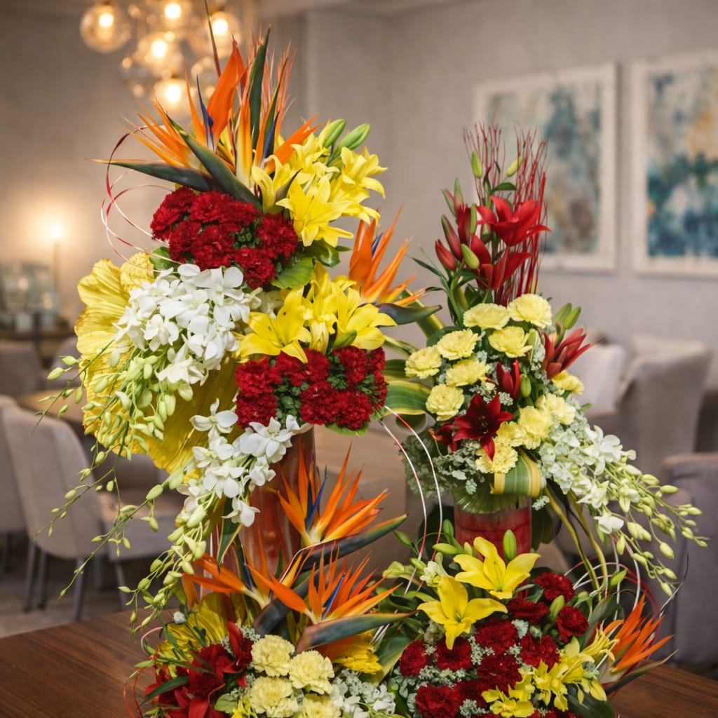 Bird of Paradise (Strelitzia), Yellow Lilies, Red Carnations, White Dendrobium Orchids Arrangment