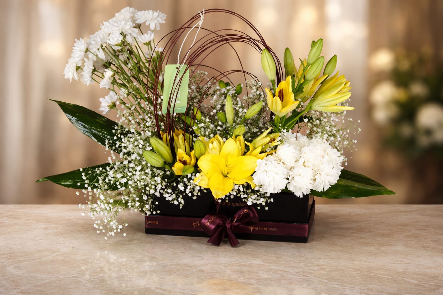 Elegant Yellow & White Lily & Chrysanthemum Flower Arrangement in Black Box"