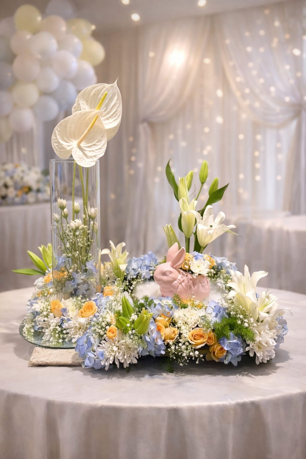 "Easter-Themed Circular Floral Wreath Centerpiece."