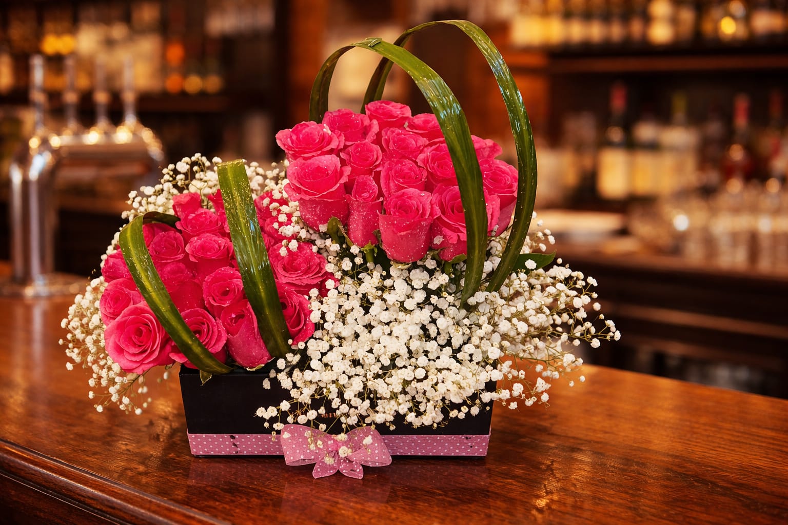 Hot pink roses And Baby's Breath