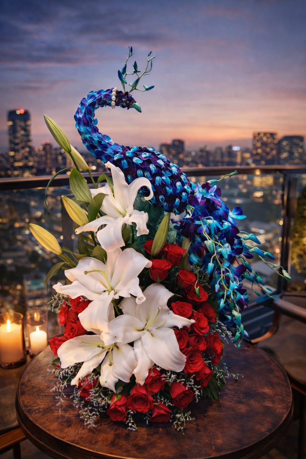 Blue Dendrobium Orchids drapes elegantly to one side, representing the peacock’s magnificent train.