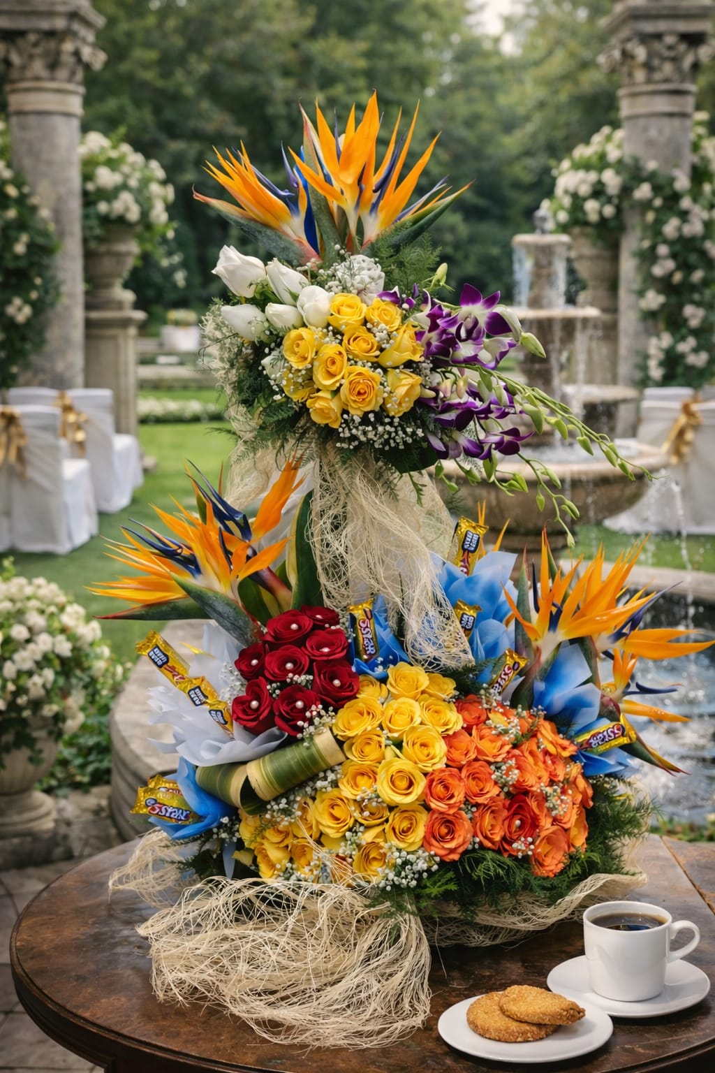 Birds of Paradise (Strelitzia), Yellow and Orange Roses, Red Roses with pearl pins, and purple Orchids.