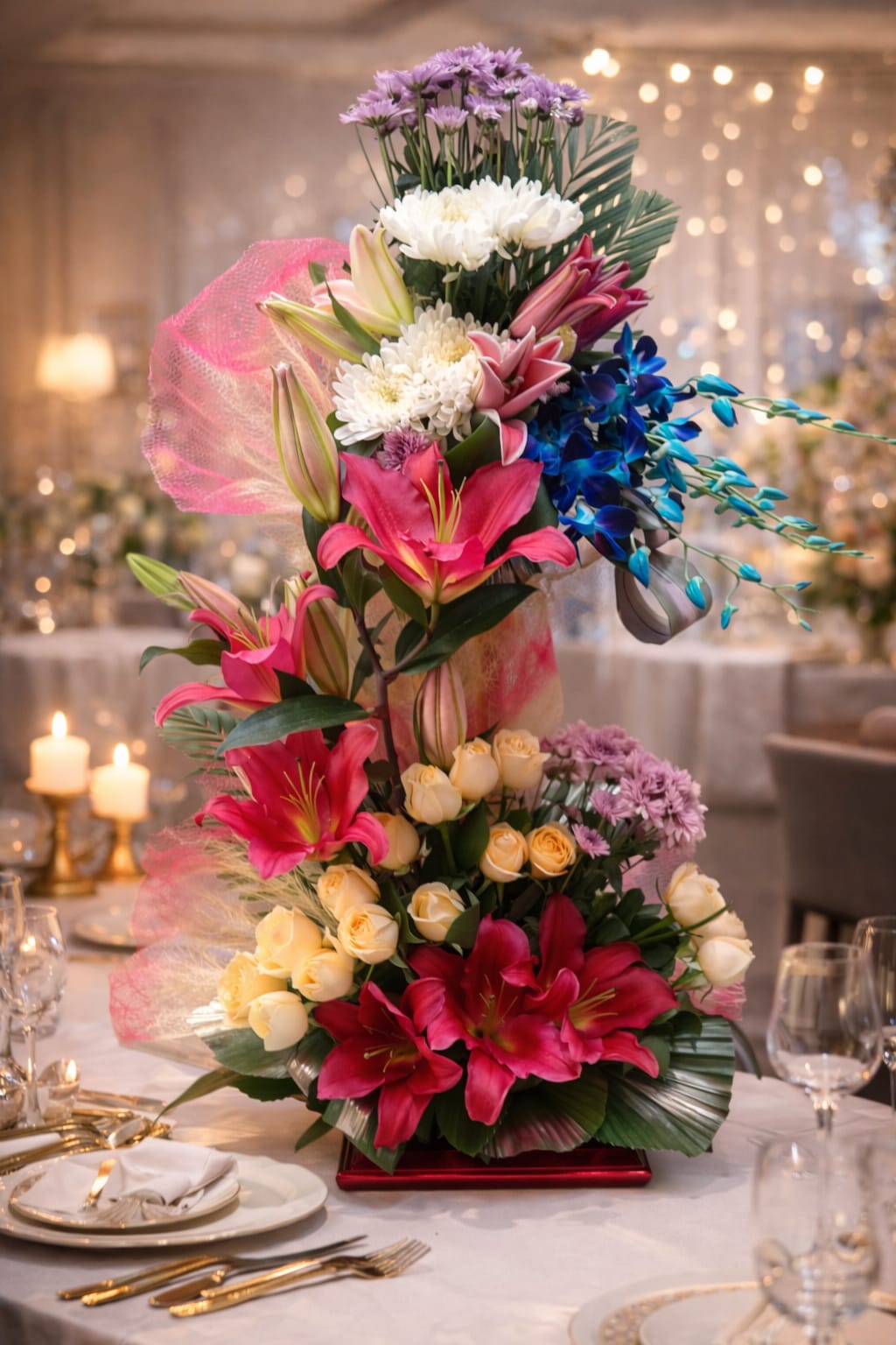 Stargazer or Oriental Lilies (pink), Cream Roses, White Chrysanthemums, and dyed Blue Dendrobium Orchids Arrangment