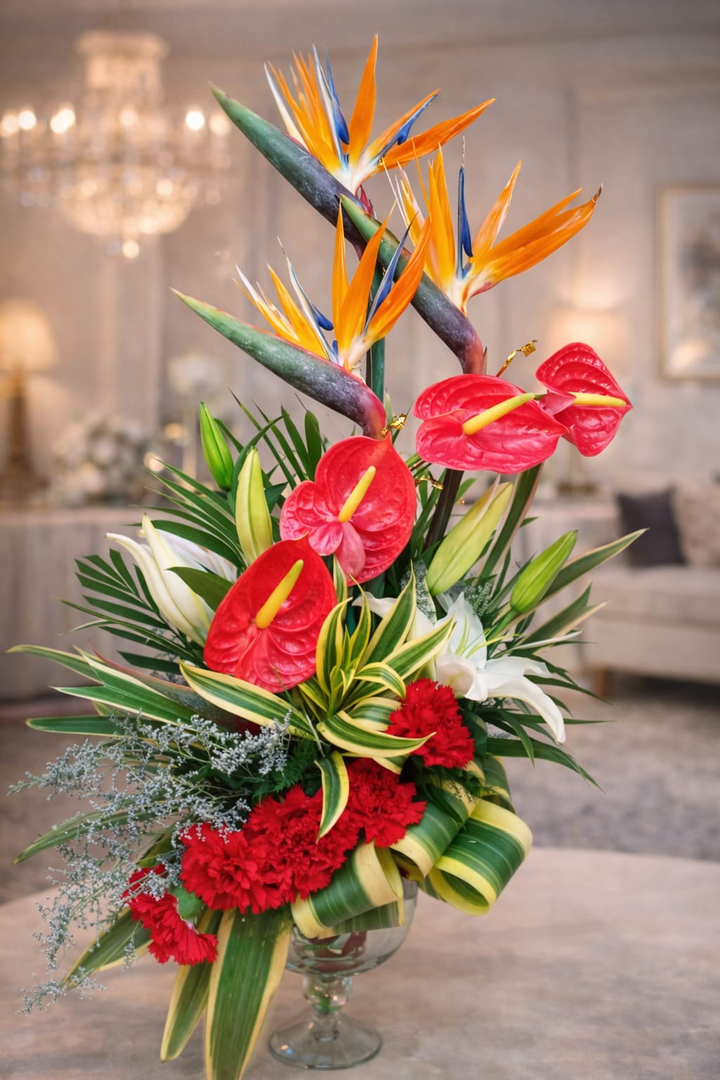 Birds of Paradise (Strelitzia) and glossy red Anthuriums.