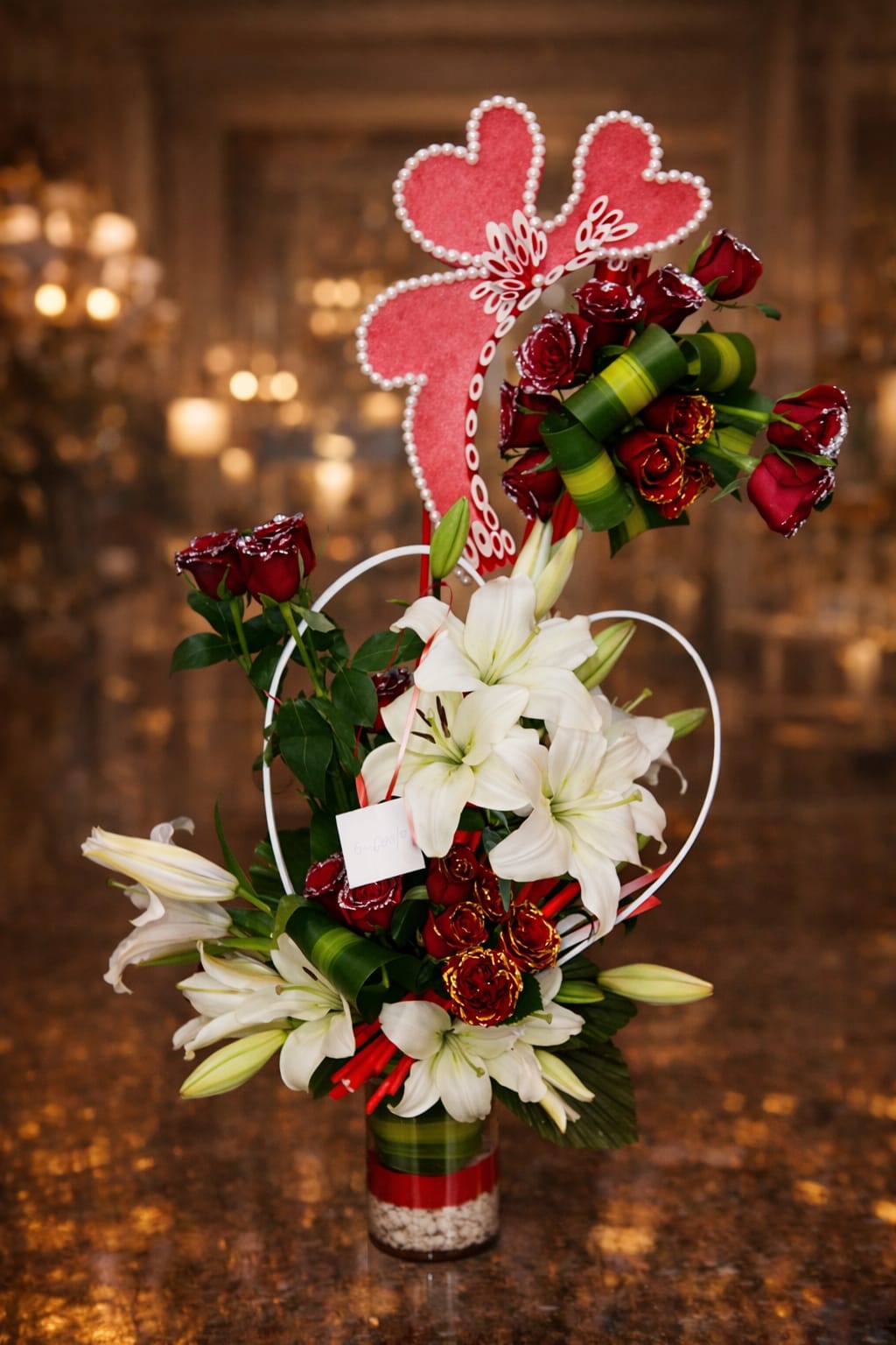 Deep crimson roses and pristine white oriental lilies,