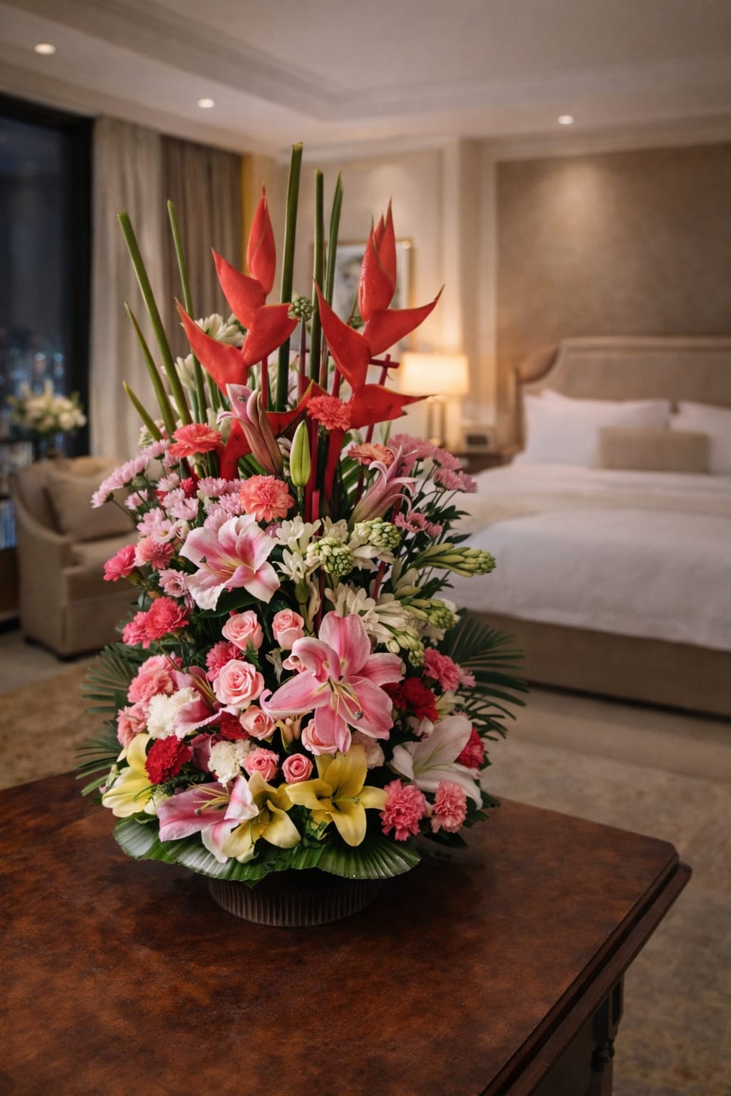 A mix of pink and red Carnations, small pink Spray Roses, and white Tuberose or Stock flowers for fragrance and volume.