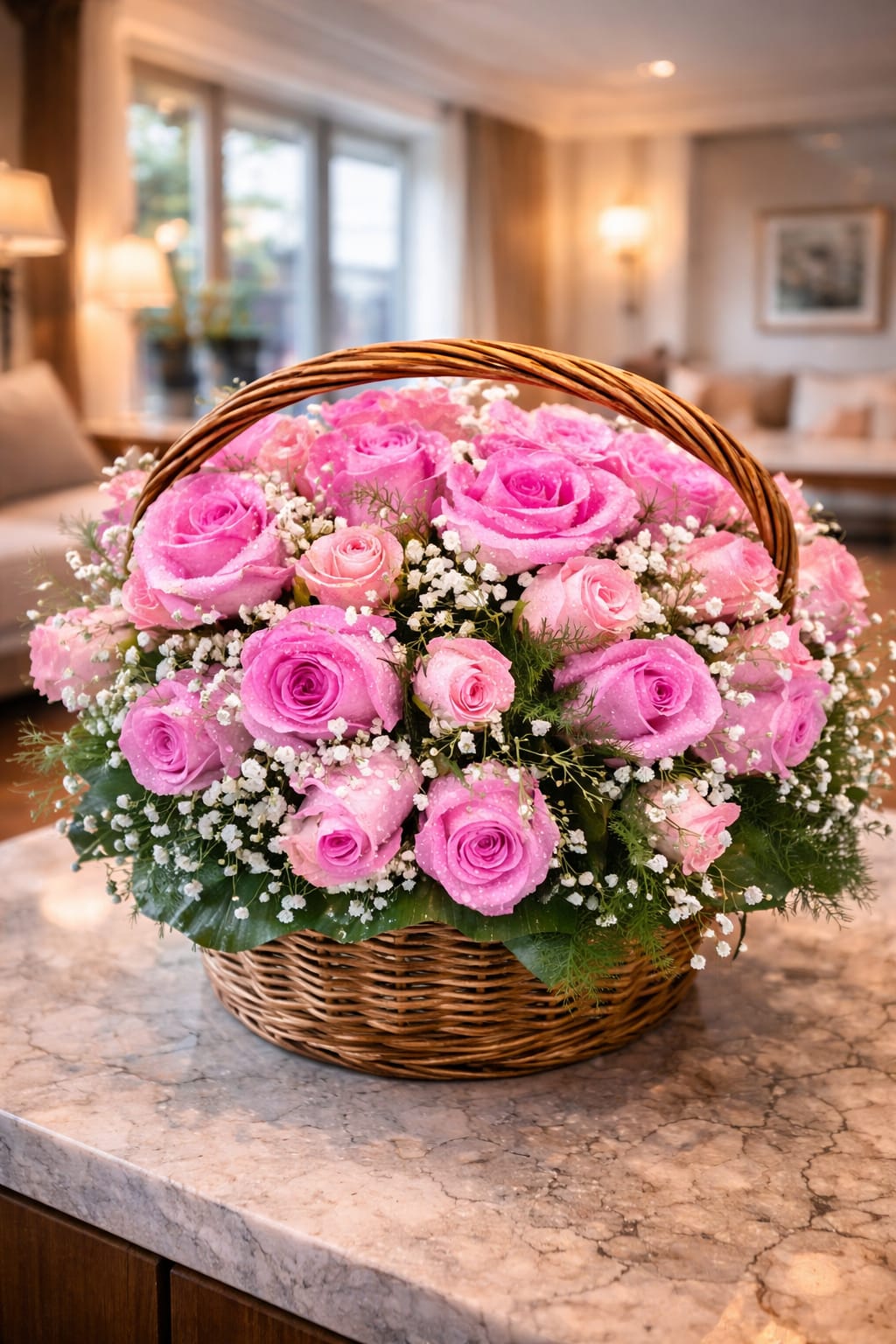 Exquisite Pink Rose & Baby's Breath Basket