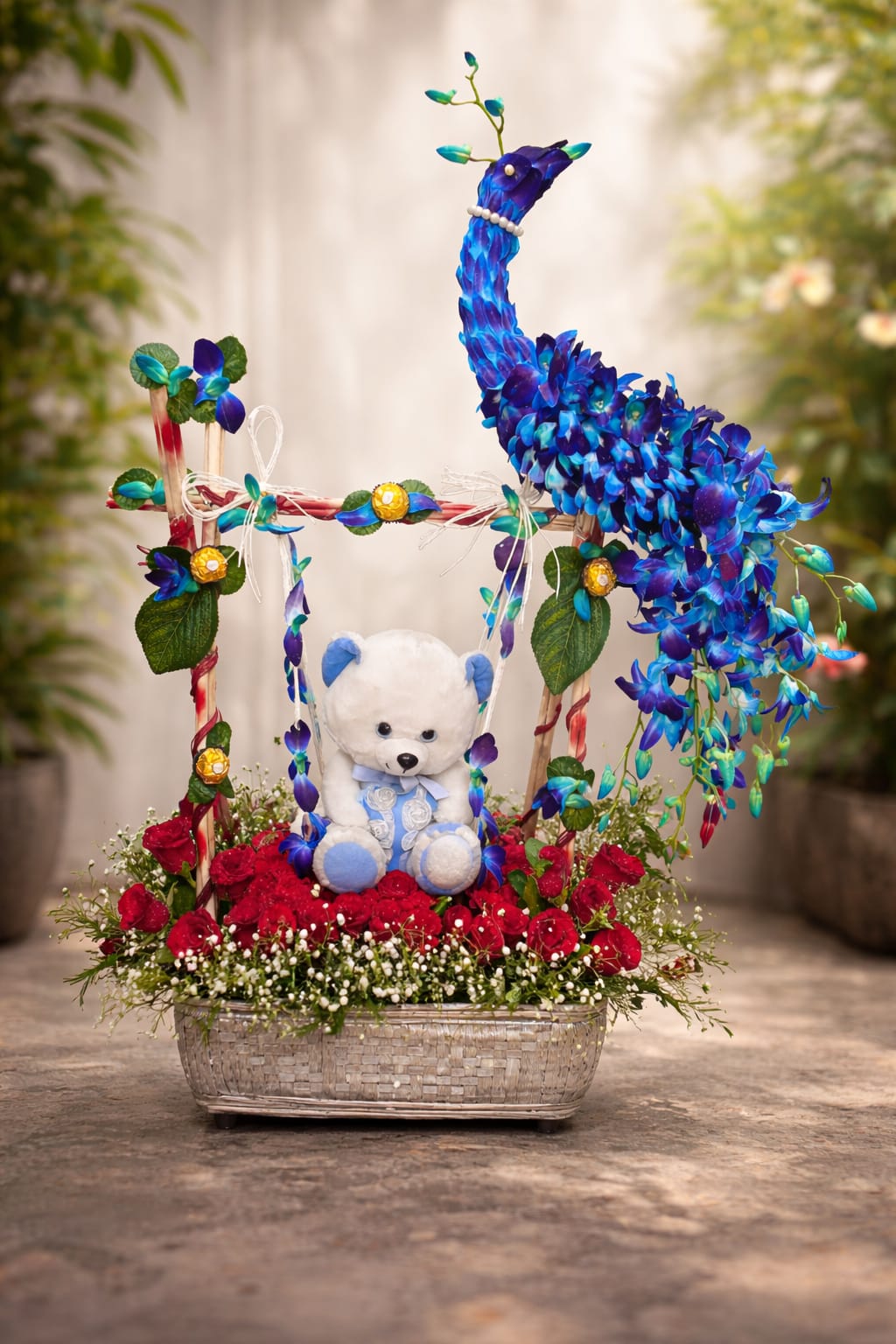 The Royal Azure Peacock & Teddy Floral Basket