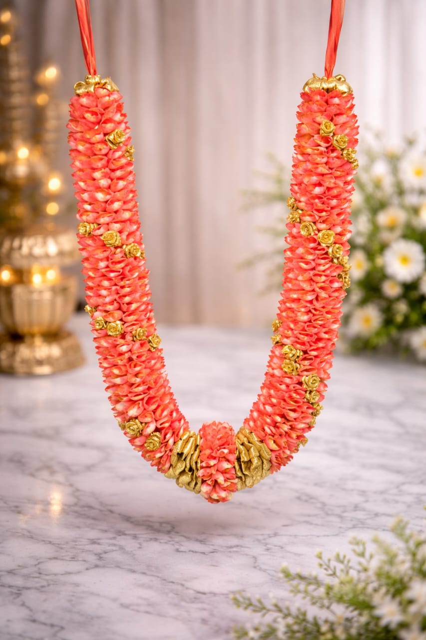 Exquisite Peach & Gold Rose Petal Varmala