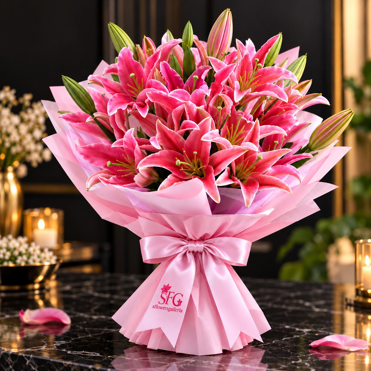 5 Pink Oriental Lily Stems One-Sided Bouquet